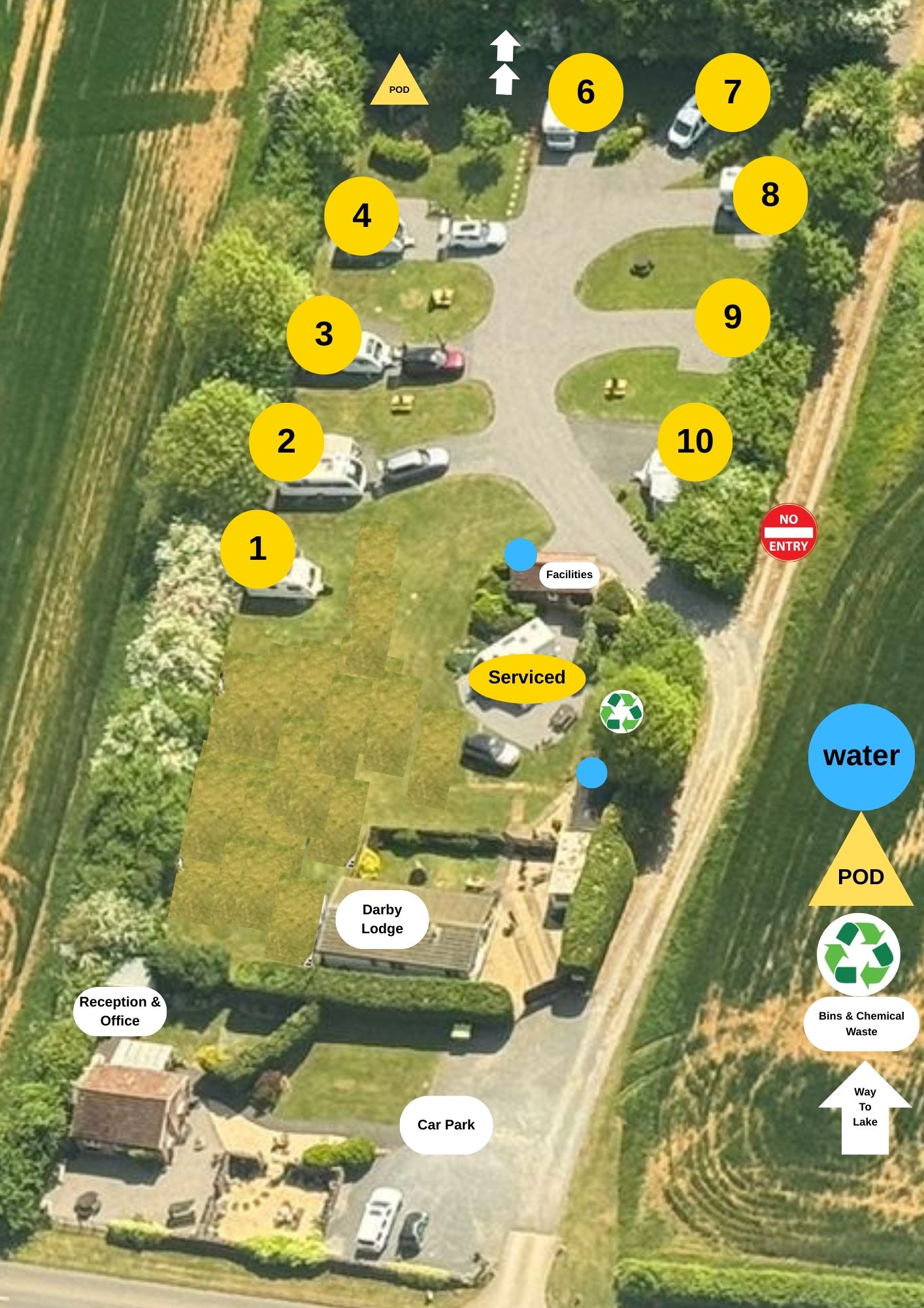 Pitch map showing pitches 1 to 10, the pod, Darby Lodge, facilities, car park and the way to the lake