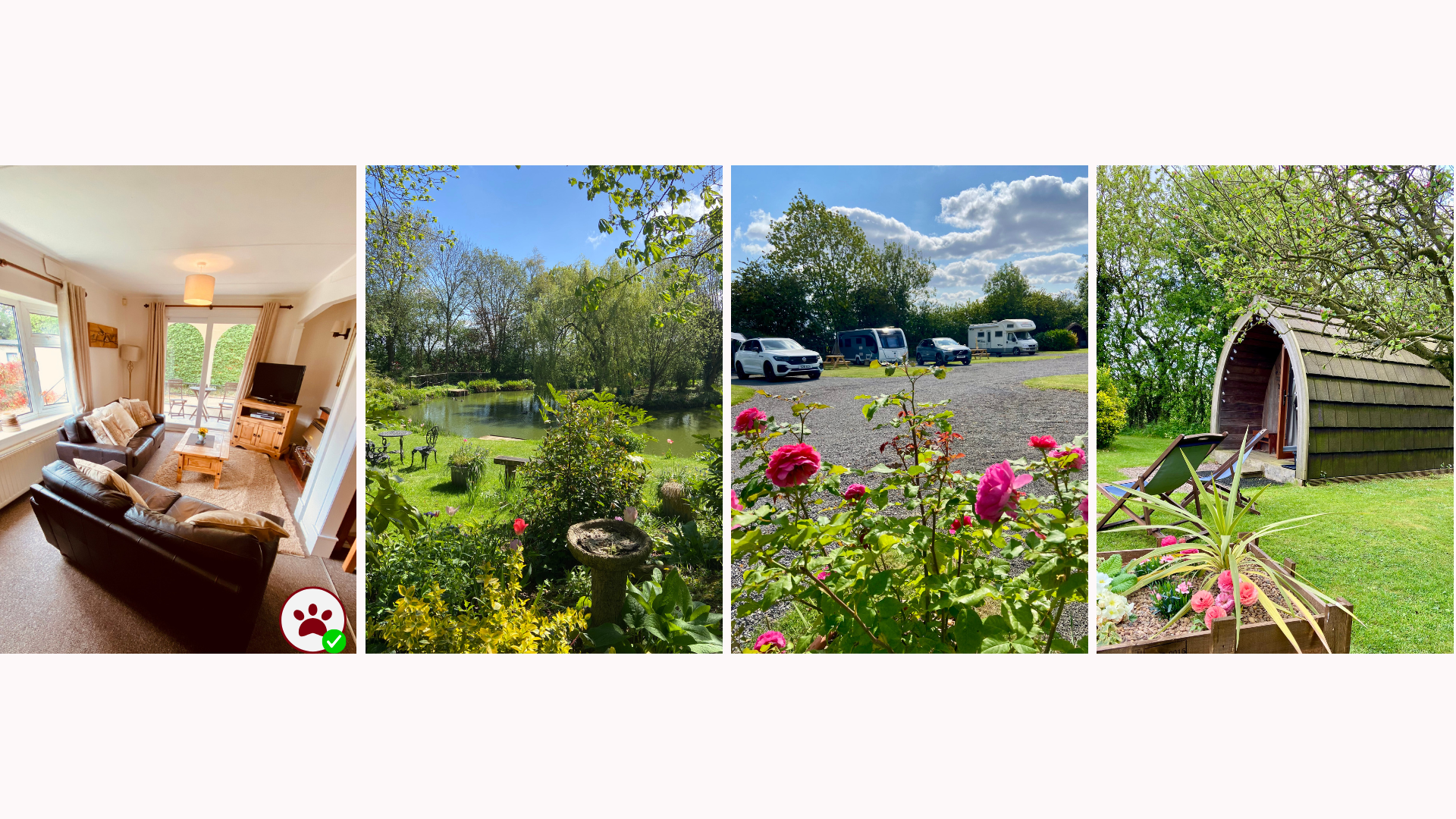 Darby Lodge lounge, the fishing lake, touring pitches and The Nuthatch pod